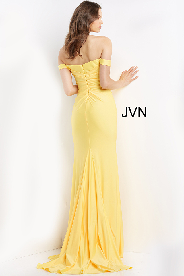 JVN07639 Yellow Off the Shoulder Ruched Prom Dress